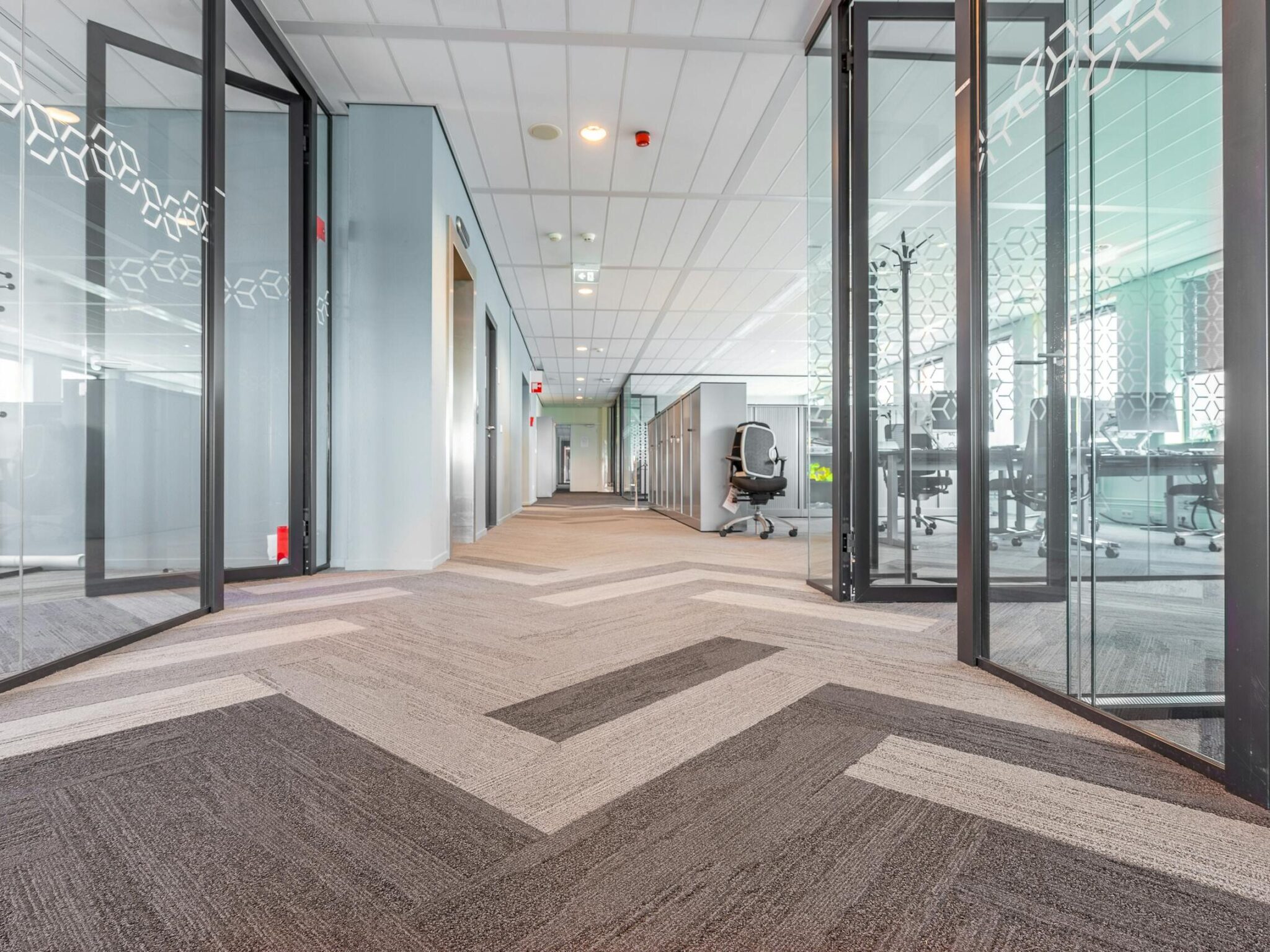 Spacious and bright modern office hallway with glass partitions and contemporary design.
